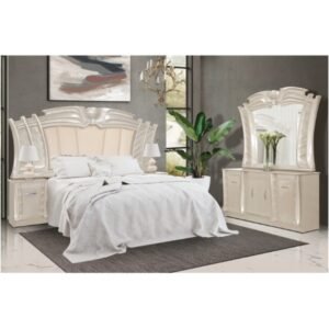 Ginelli 4 Piece Bedroom Suite | Cream High Gloss | Padded Leatherette Finish